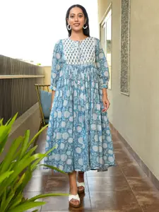 mulmul.com Floral Printed Tie-Up Neck Puff Sleeve Gathered Cotton Midi Dress