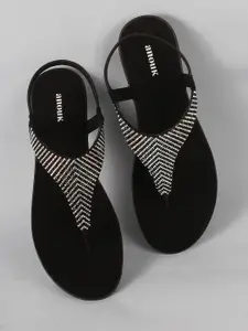 Anouk Black Embellished Open Toe Flats With Backstrap