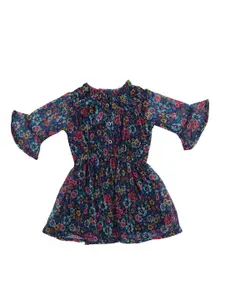 Doodle Girls Floral Printed Bell Sleeve Chiffon Fit & Flare Dress