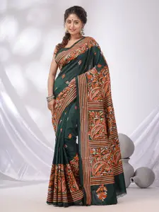 Charukriti Ethnic Motifs Embroidered Kantha Work Silk Blend Saree