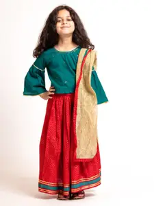 My Little Lambs Girls Embroidered Cotton Ready To Wear Lehenga & Blouse With Dupatta