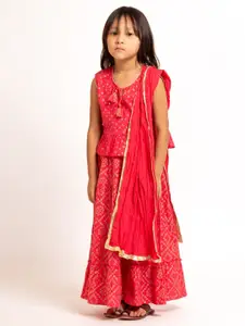 My Little Lambs Girls Block Printed Pure Cotton Tiered Lehenga & Blouse With Dupatta