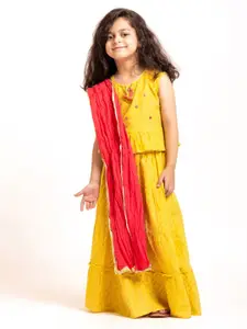 My Little Lambs Girls Block Printed Pure Cotton Tiered Lehenga & Blouse With Dupatta