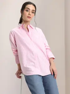 DL Woman Oversized Vertical Striped Oxford Weave Pure Cotton Casual Shirt