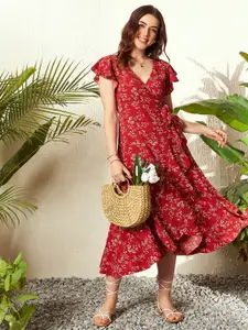 Berrylush Floral Printed V-Neck Flutter Sleeves Tie-Ups Midi Wrap Dress