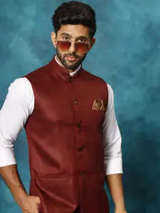 VASTRAMAY Woven Design Mandarin Collar Jute Cotton Nehru Jacket