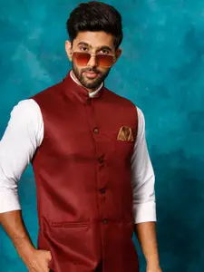 VASTRAMAY Woven Design Mandarin Collar Jute Cotton Nehru Jacket