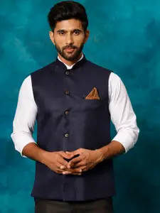 VASTRAMAY Woven Design Mandarin Collar Jute Cotton Nehru Jacket