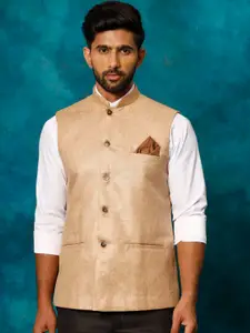 VASTRAMAY Woven Design Mandarin Collar Jute Cotton Nehru Jacket