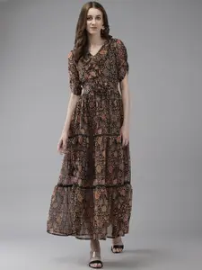 BAESD Floral Printed V-Neck Ruched Sleeves Georgette Ruffled Maxi Dress