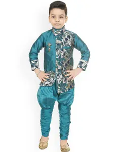 BAESD Boys Self Designed Mandarin Collar Art silk Asymmetric Kurta & Churidar