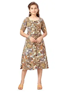 BAESD Girls Ethnic Motif Printed Square Neck Waist Tie-Up A-Line Midi Dress