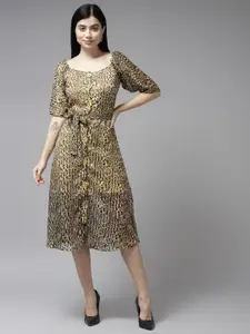 BAESD Animal Print Puff Sleeve Georgette A-Line Midi Dress