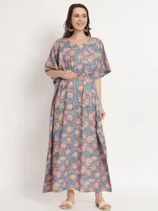 Aujjessa Floral Printed Extended Sleeves Pure Cotton Maternity Kaftan Maxi Dress
