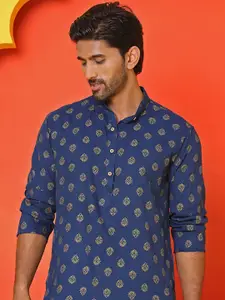 Anouk Navy Blue Ethnic Motifs Foil Printed Band Collar Kurta