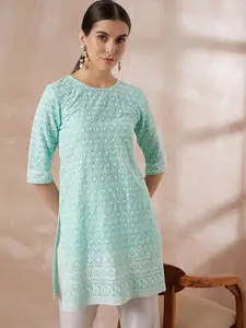 all about you Sea Green & White Ethnic Motifs Embroidered Pure Cotton Chikankari Short Kurti