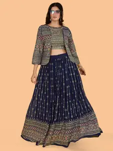 CHANSI Navy Embroidered Sequinned Foil Print Ready to Wear Lehenga & Choli With Jacket