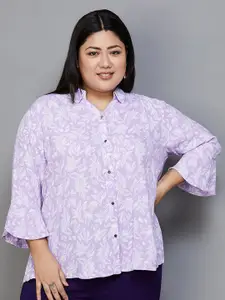 Nexus by Lifestyle Floral Printed Plus Size Shirt Collar Bell Sleeves Shirt Style Top