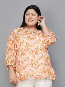 Nexus by Lifestyle Plus Size Floral Printed Keyhole Neck Puff Sleeve A-Line Top