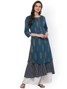 Pannkh Women Blue & Multicoloured Printed A-Line Layered Kurta
