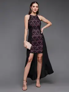 Miss Chase Self Design Sleeveless Lace Overlaid Sheath Dress