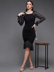 Miss Chase Square Neck Puff Sleeves Ruffles & Ruched Sheath Midi Dress