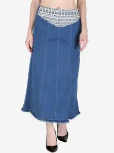 SUMAVI-FASHION Denim Front Embroidered Maxi Skirt