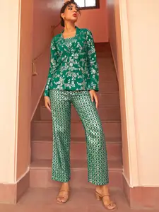 Janasya Green Brocade Ethnic Motif Woven Design Top With Trouser & Jacket