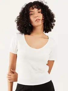 Athena White Scoop Neck Ribbed T-Shirt