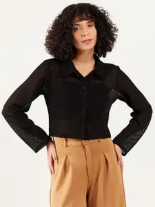Athena Cuffed Sleeves Net Shirt Style Crop Top