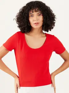 Athena Red Scoop Neck Ribbed T-Shirt