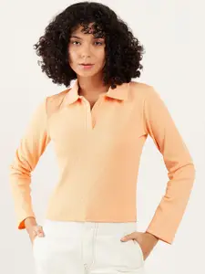 Athena Peach-Coloured Ribbed Polo Collar T-Shirt