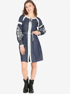 SUMAVI-FASHION Puff Sleeves Lace Inserts Organic Cotton Denim A-Line Dress