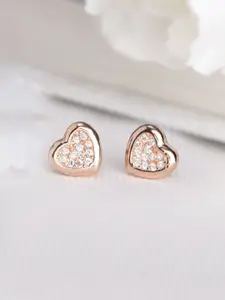Zavya Rose Gold-Plated CZ Studded Sterling Silver Heart Shaped Studs Earrings