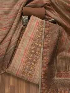 Koskii Striped Printed Threadwork Sequinned Chanderi Unstitched Dress Material
