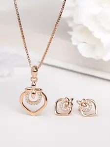 Zavya Women Rose Gold-Plated CZ Studded Sterling Silver Necklace with Earrings
