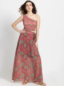 SHAYE Ethnic Motifs Printed One Shoulder Sleeveless Crop Top With A-line Long Skirt