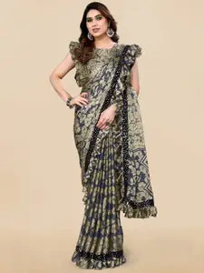 MIRCHI FASHION Navy Blue & Beige Floral Printed Sequinned Ruffles Saree