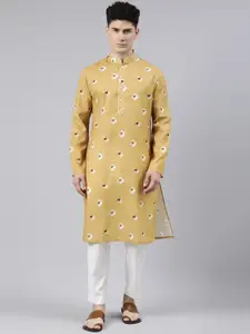TheEthnic.Co Floral Printed Mandarin Collar Cotton Straight Kurta
