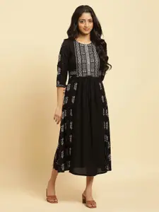 W Ethnic Motifs Printed Pleated Fit & Flare Midi Ethnic Dress
