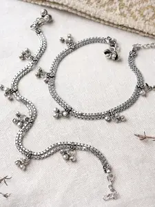 TEEJH Silver-Plated Oxidised Ghungroo Anklets