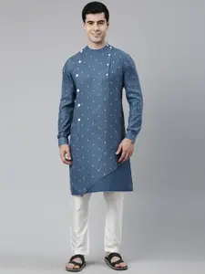 TheEthnic.Co Geometric Woven Design Band Collar Pure Cotton Asymmetric Angrakha Kurta