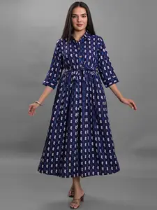 Girly Girls Floral Printed Shirt Collar Fit & Flare Midi Dress