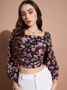 DressBerry Black Floral Print Square Neck Crop Regular Top