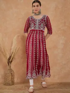 Sangria Floral Embroidered A-Line Kurta