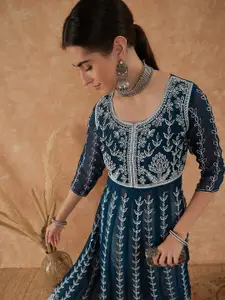 Sangria Ethnic Motifs Embroidered Georgette A-Line Kurta