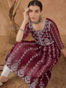 Sangria Floral Embroidered Georgette A-Line Kurta