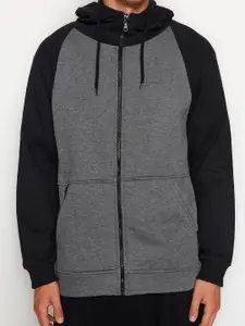 Trendyol Colourblocked Printed Long Sleeves Hood Front-Open Sweatshirt