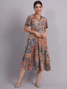 DECKEDUP Ethnic Motifs Printed V-Neck Puff Sleeves Gathered Casual Fit & Flare Midi Dress
