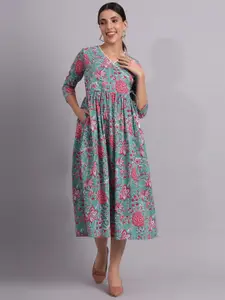 DECKEDUP Floral Printed V-Neck Gathered Cotton Empire Midi Dress